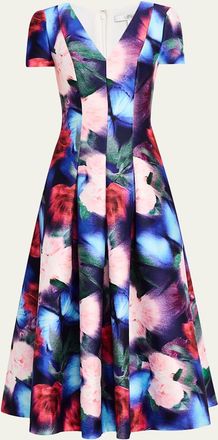 Badgley Mischka Pleated Floral-Print Midi Dress