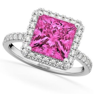 Allurez Princess Cut Halo Pink Tourmaline & Diamond Engagement Ring 14K in 3.47Ct/white Gold at Nordstrom, Size 8.5