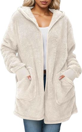 Generic Womens Fleece Jacket Ladies Hooded Open Front Cardigan Winter Warm Sherpa Fleece Casual Solid Color Plush Teddy Coat Comfortable Fuzzy Outerwear for D