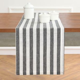 Solino Home Linen Table Runner for Dining Table, Holiday and Everyday Table Decor - Sorrento Stripe in Black And White at Nordstrom, Size Xx-Small