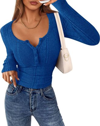 PrettyGarden Womens Long Sleeve Tops 2025 Fall Fashion Clothes Henley Shirts Slim Fitted Ribbed Tees Blouses Casual Outfits, Blue, S