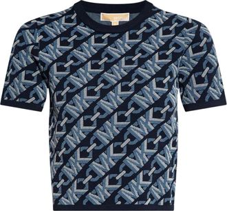 Michael Kors Tops, Dames, Blauw, S, Pullover met korte mouwen en Empire jacquard logo