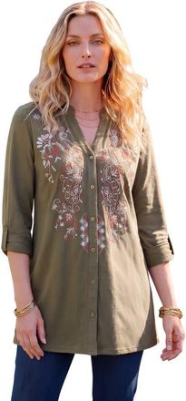 Roaman's Plus Size Y Neck Roll Tab Sleeve Embroidered Tunic in Dark Olive Floral Vine at Nordstrom, Size 28