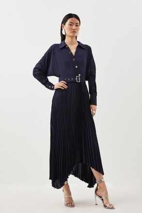 Karen Millen Womens Jersey And Georgette Mix Belted Pleat Midi Dress - Navy Viscose - Size X-Small