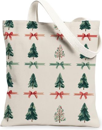 Generic Christmas Tree Canvas Tote Bags, Vintage Floral Print Reusable Grocery Bags, Lightweight Washable Shoulder Strap Canvas for, Green, 13x15 Inch