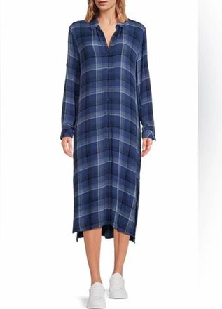 Cloth & Stone Plaid Button Up Midi Dress In Rich Navy Plaid