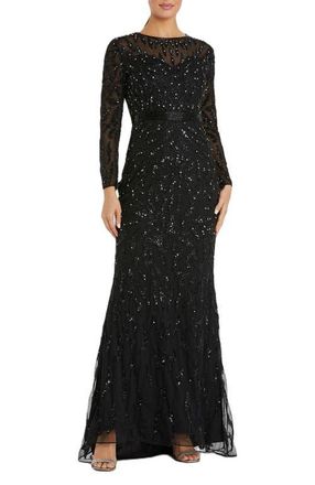 Mac Duggal Abstract Beaded Long Sleeve Evening Gown in Black at Nordstrom, Size 12
