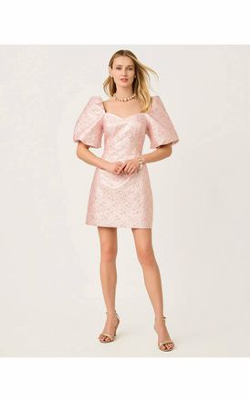 Lilly Pulitzer Justina Puff Sleeve Skirted Romper In Conch Shell Pink Ritsy Ditsy