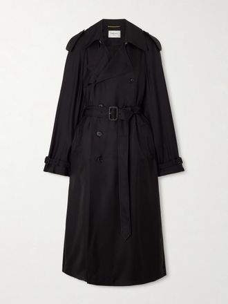 Saint Laurent Trench Doppiopetto In Twill Di Seta Con Cintura - Nero
