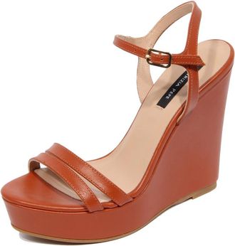 Patrizia Pepe Bruine leren sandaal met sleehak - Dames - Sleehakken - Bruin - 40 EU - Leer - Schoenen