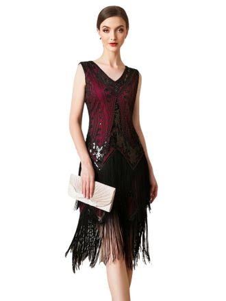 Ever-pretty Womens 1920s Vintage Sequin Fringe Cocktail Dress, Flapper Gown with Beaded for Gatsby Party Evening Dark Wine Red XL