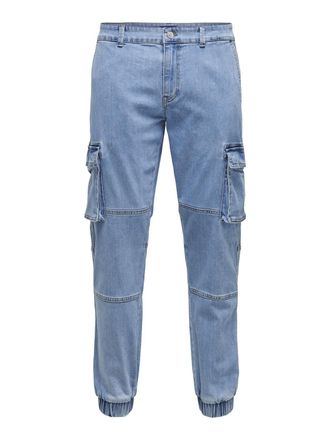 Only & Sons Cargojeans ONLY & SONS ONSCAM STAGE CARGO LBD 0414 PIM DNM CS, Herren, Gr. 29, L&auml;nge 34, blau (light blau denim), Denim/Jeans, Obermaterial: 78% Baumw