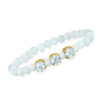 Ross-Simons Milky Aquamarine Bead Stretch Bracelet With Sky Blue Topaz in 18kt Gold Over Sterling