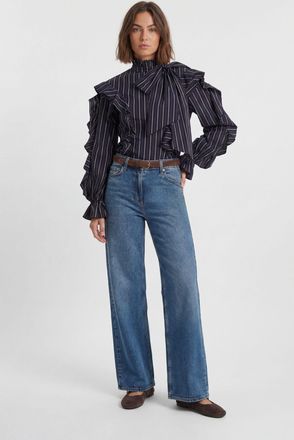 Karen Millen Womens Ruffle Front Cotton Stripe Pussy Bow Blouse - Multicolour - Size 10 UK