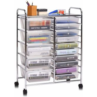 Costway Costway - Carrito Auxiliar Almacenamiento Con 15 Cajones Apilables Y Ruedas Estructura Met&aacute;lica, Carro Organizador Para Cocina Restaurante (transparen