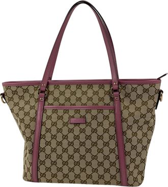 Gucci Gg Canvas Beige Pink Gg Canvas Leather Tote Bag (Pre-Owned)