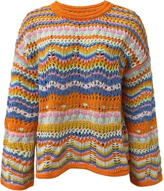 Generic Crochet Sweaters for Women Hollow Out Pullover Crop Sweater Tops Flared Long Sleeve Rainbow Striped Colorful Knit Casual Sweaters