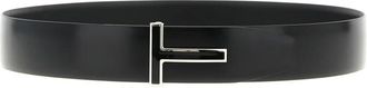 Tom Ford Gladde Leren Riem met Emaille Gesp T - Heren - Riemen - Zwart - 85 CM - Leer - Accessoires