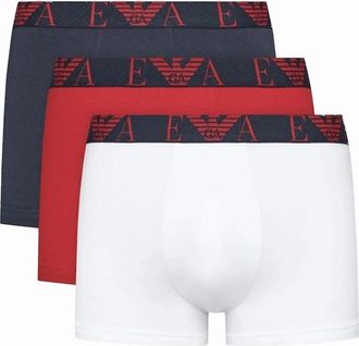 Emporio Armani Mens 3-Pack Stretch Cotton Navy/Red/White Boxer Trunks - Size: 35/34/32