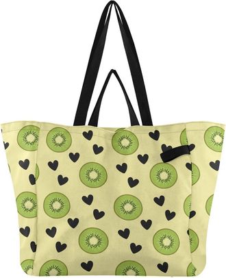 Generic Fruit Kiwi pattern Reusable Canvas Tote Bag, Heavy Duty Grocery Shopping Bag with Double Handles Large Capacity Hard Bottom Work Groceries Travel
