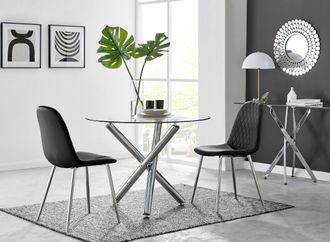 Furniturebox Selina Round Glass Chrome Leg Dining Table & Corona Silver Leg Chairs in Black | Size: 4 Person