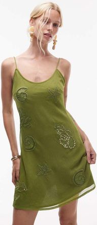 Topshop Vestito corto kaki con scollo rotondo e decorazione di conchiglie-Verde
