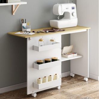 IDMarket Mesa De Costura Plegable Con Ruedas Armario Para M&aacute;quinas De Coser Con 4 Estantes