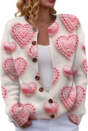 Generic Womens Valentine Heart Pattern Knitted Cardigan, Button-Up Casual Sweater, S-XXL Sizes, Multiple Designs Available, Womens Cardigan Jacket