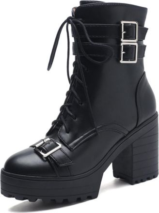 Generic Womens Platform Round Toe Combat Boots PU Leather Multiple Metal Buckles Lace Up Side Zipper Non Slip Wear Resistant Chunky Sole Comfortable Stylish G