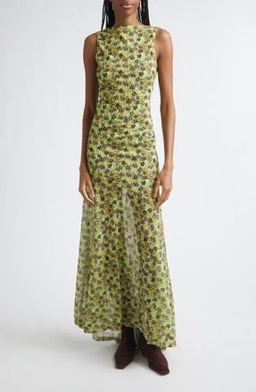 Siedres Fens Floral Open Back Chiffon Maxi Dress in Green Multi at Nordstrom, Size Medium