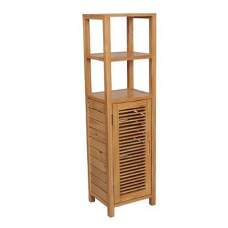 Happimess Solstice Handcrafted Pine Wood Bathroom Freestanding Floor Storage Cabinet with Louvered Door and 3-Tier Open Shelves in Natural at