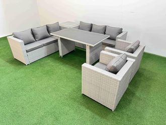 Fimous 8 Seater Outdoor Dining Table 3 Seater Sofa Set with Side Table in Light Grey