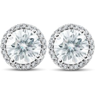 Pompeii3 2 1/5 Ct Diamond Halo Moissanite Studs 10k White Gold