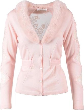 Blumarine Cardigan met bontafwerking - Dames - Vesten - Roze - XS - Polyester - Truien & Vesten