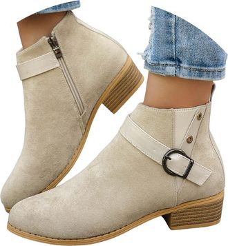 Generic Ladies Ankle Boots Ladies Low Heels Flat Ankle Boots Faux Suede Elastic Buckle Strap Round Toe Short Boot with Side Zip Fall Shoes Fashion Western Cow