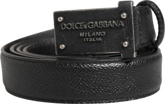 Dolce & Gabbana Men Black Calf Leather Logo Metal Buckle Belt Caiman