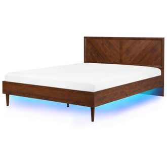 Beliani Cama Doble De Madera Oscura 180 X 200 Cm Cabecero Alto Estilo R&uacute;stico Con Luces Led De Colores Mialet