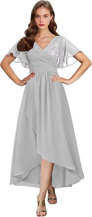 Generic Silver Chiffon Mother of The Bride Dresses with Sleeves Tea Length V Neck Long Formal Evening Gown Lace Applique Wedding Guest Dress 12