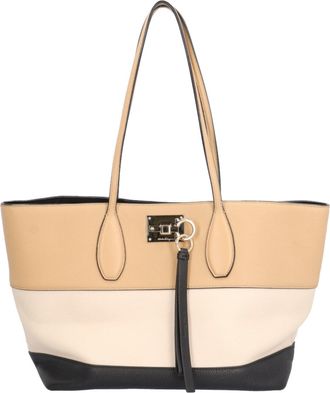 Ferragamo Beige Black Leather Handbag Pouch Tote Bag (Pre-Owned)