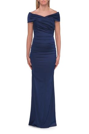 La Femme Off-the-Shoulder Ruched Satin Evening Gown in Navy at Nordstrom, Size 16