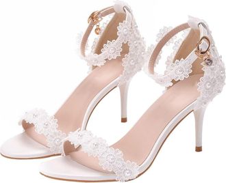 UPKOCH White Lace High-heeled Sandals for Women Summer Wedding Footwear Lightweight Comfortable Heel Shoes with Beaded Detail Elegant Bridal Party Dress Heel