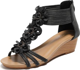 Generic Womens Wedge Sandals Stylish Floral Embellished Bohemian Sandal Heeled Raman Sandals for Casual and Dressy Wear