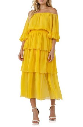 endless rose Off the Shoulder Tiered Chiffon Dress in Yellow at Nordstrom, Size X-Small