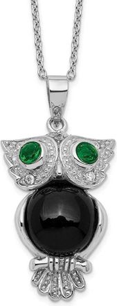 Diamond2Deal Sterling Silver Onyx Green & Clear Cubic Zirconia Owl Pendant Necklace