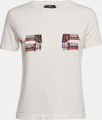 Elisabetta Franchi White Beaded Jersey Crewneck T-Shirt