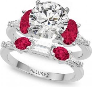 Allurez Round Lab Grown Diamond & Oval Ruby Bridal Set in Platinum (5.09ct)
