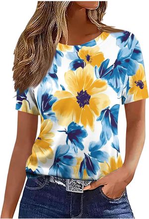 Generic Summer Tops for Women UK 2025 Fashion Short Sleeve Crew Neck T-Shirt Funny Marble Floral Print Blouse Casual Lightweight Loose Fit Shirts Ladies Elega