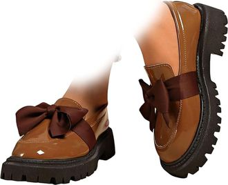 Generic Womens Leather Bow Platform Loafers Chunky Lug Sole Slip On Shoes Trendy Solid Color Round Toe Casual Dressy Comfortable Lightweight Business Office W