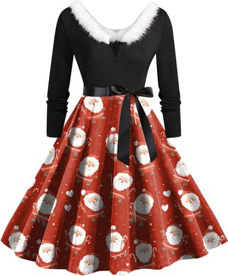 Generic Christmas Dress Women V Neck Long Sleeve Winter Printed Pullover Party Wear Xmas Swing Costume Dresses Womens Christmas Sweatshirt Outfits Swing Dress