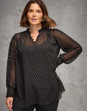 Live Unlimited London Womens Black Metallic Spot Shirred Cuff Blouse - Size: 18